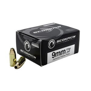 Scorpion 9mm 124gr JHP – Self-Defense Ammunition, Brass-Cased Options