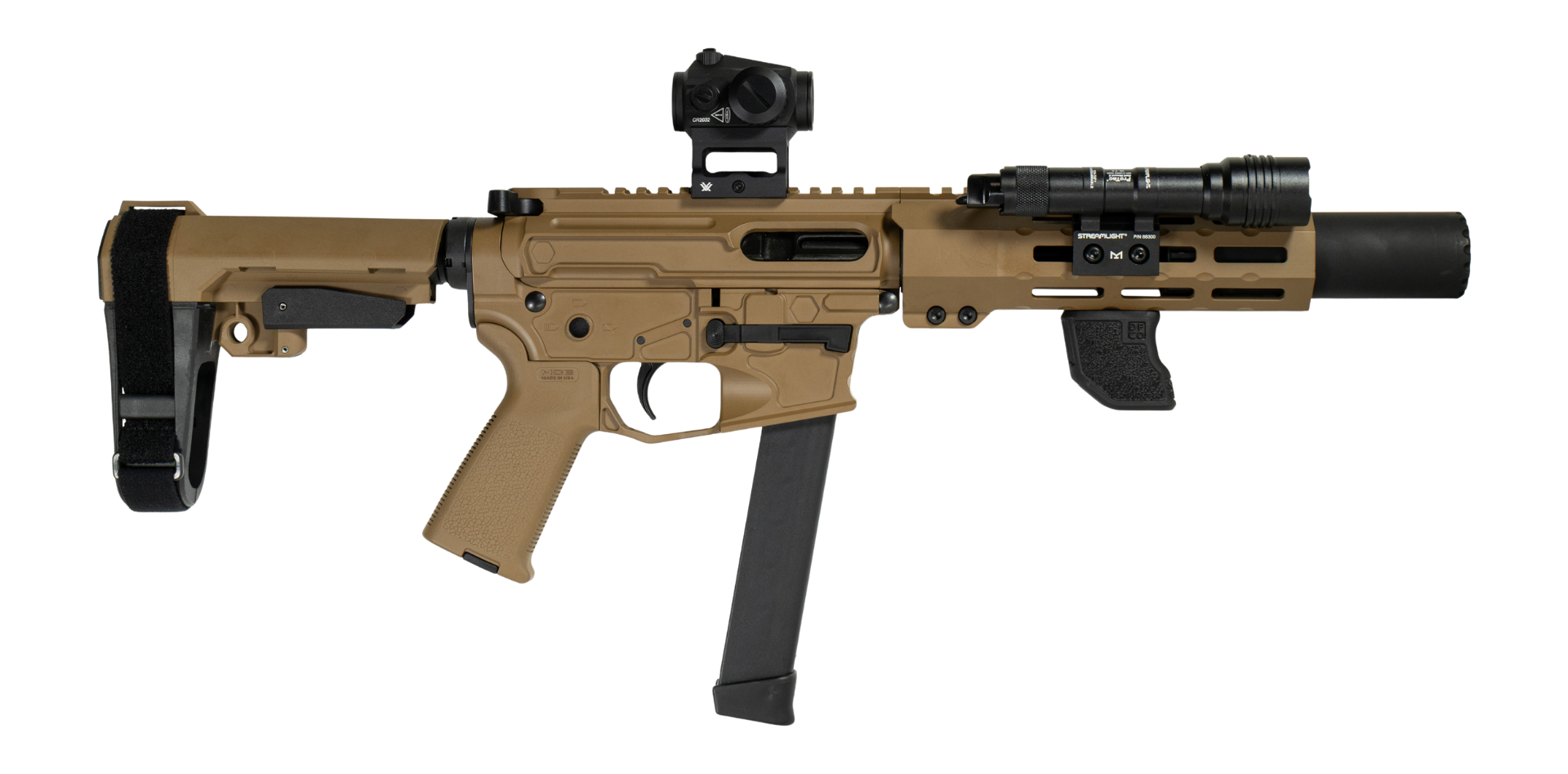Shark Coast Tactical Sneeky Pete Deluxe w/Optic, 9mm Luger, FDE Cerakote, Vortex Crossfire & Streamlight ProTac