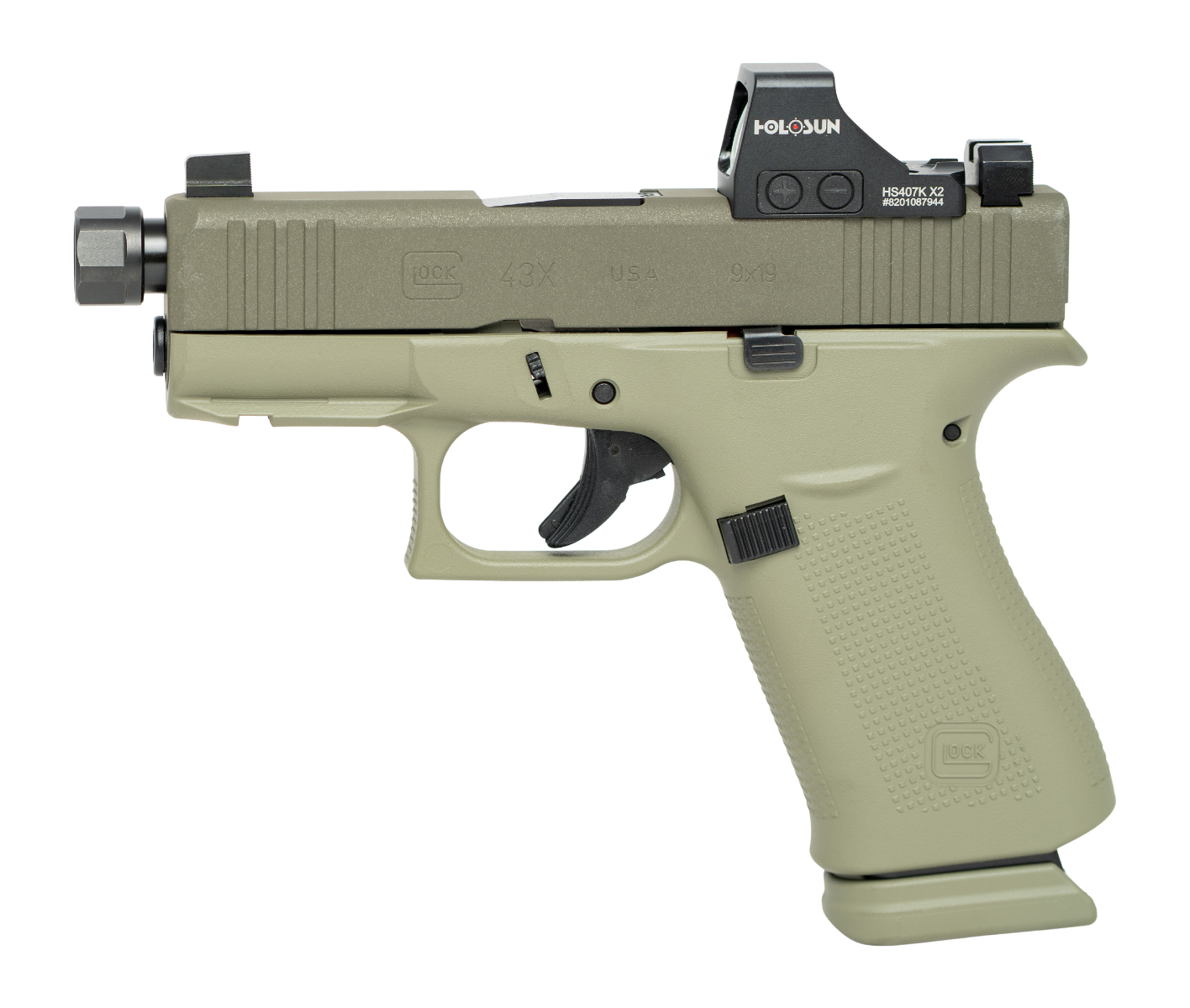 GLOCK G43X w/Holosun HS407K Red Dot, 9mm Luger, 3.41 in Threaded Barrel, 15+1, Olive Green Cerakote