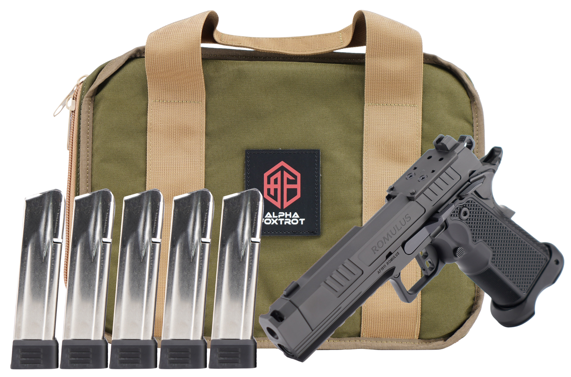 Alpha Foxtrot AF1911 Romulus Promo, 9mm Luger, 4.25 in Threaded Compensated Barrel, Optic Ready, 20+1, Black DLC