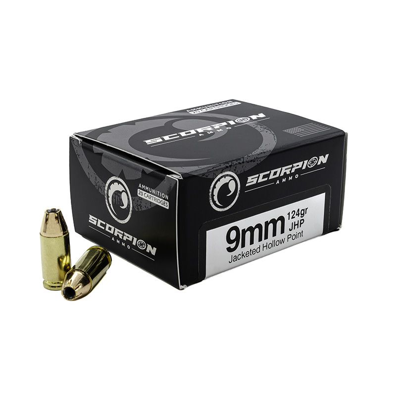 Scorpion 9mm 124gr JHP – Self-Defense Ammunition, Brass-Cased Options