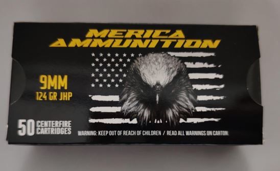 Merica Ammunition 9mm 124gr JHP – 1000 Round Bulk Case, Brass