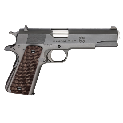 Springfield Armory 1911 Mil-Spec Defender Legacy 45 ACP 7+1 5" Satin Stainless Match Grade Barrel, Black Parkerized Serrated Carbon Steel Slide, Black Parkerized Steel Frame w/Beavertail, Checkered Wood Grip, Right Hand