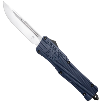 CobraTec Knives CTK-1 Large 3.75" OTF Drop Point Plain D2 Steel Blade/NYPD Blue Aluminum Handle Features Glass Breaker Includes Pocket Clip