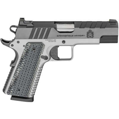 Springfield Armory 1911 Emissary 45 ACP 8+1, 4.25" Stainless Match Grade Bull Steel Barrel, Blued/Stainless Serrated/Tri-Top Cut Steel Slide, Stainless Steel Frame w/Beavertail, Black VZ Thin-Line G10 Grip, Right Hand