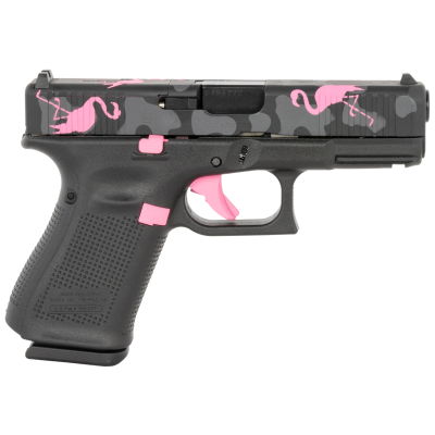 Glock 19 Gen 5 MOS Miami Mingo 9mm 15+1 4.02" Black GMB Barrel, Black w/Pink Flamingos MOS Cut/Serrated Steel Slide, Black w/Pink Accents Polymer Frame, w/Picatinny Rail, Black Textured Grip, Ambidextrous
