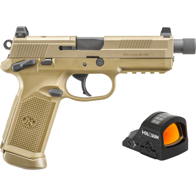 FN FNX w/Optic 45 ACP 15+1 5.30" Black Steel Threaded Barrel, Flat Dark Earth Optic Ready/Serrated Stainless Steel Slide & Polymer Frame w/Picatinny Rail, Holosun 407C Red Dot