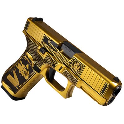 Glock G47 Gen 5 MOS D.O.G.E. Full Size Frame 9mm Luger 17+1 4.49" Black GMB Barrel, Glamour Glock Gold Cerakote Serrated Steel Slide w/D.O.G.E., Glamour Glock Gold Cerakote Polymer Frame w/Trump & Elon 