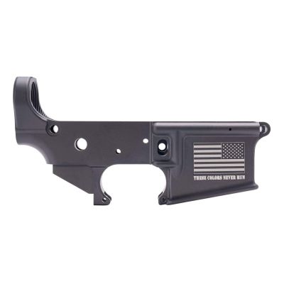 Anderson AM-15 Forged Stripped AR15 Lower Receiver - Black | Flag & "These Colors Never Run" Slogan