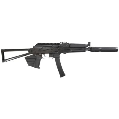 Kalashnikov USA California Compliant KR-9 AK Rifle - Black | 9mm | 16.25" Barrel w- Faux Supressor Barrel Shroud | Fixed Triangle Stock | CA Legal Featureless w- Fin & Thumb Rest