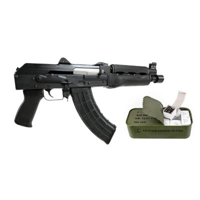 Zastava ZPAP92 AK-47 Pistol BULGED TRUNNION 1.5MM RECEIVER - Stained Wood Handguard | 7.62x39 | 10" Chrome Lined Barrel Bundled w- One 700rd Tin of Century Arms Romanian Made 7.62x39 Rifle Ammo - 123gr Lead Core FMJ | Steel Case