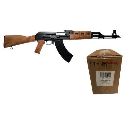 Zastava ZPAPM70 7.62X39 AK-47 Rifle BULGED TRUNNION 1.5MM RECEIVER - Maple | 7.62x39 | 16.3" Chrome Lined Barrel Bundled w- One Wolf Steel Case 7.62x39mm Rifle Ammo - 122 Grain | FMJ | 1000rd Case