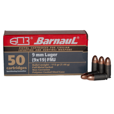 Barnaul 9mm Luger 115gr FMJ Polycoated Steel Case 50rd Box