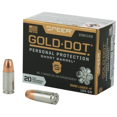 Speer Ammunition Speer Gold Dot, Personal Protection, 9MM, 124 Grain, Hollow Point, +P, Short Barrel, 20 Round Box 23611GD