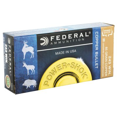 Federal PowerShok, 243 Win, 85 Grain, Copper, Lead Free, 20 Round Box, California Certified Nonlead Ammunition 24385LFA