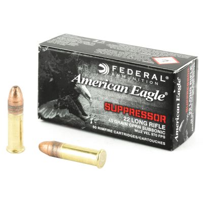 Federal American Eagle, Suppressor Ammunition, 22LR, 45 Grain, Copper Plated Lead Round Nose, 50 Round Box AE22SUP1