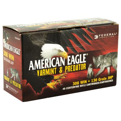 Federal American Eagle Varmint & Predator, 308 Win, 130 Grain, Jacketed Hollow Point, 40 Round Box AE308130VP