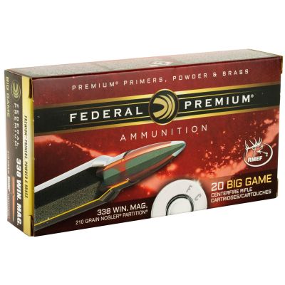 Federal Premium, 338 WIN MAG, 210 Grain, Nosler Partition, 20 Round Box P338A2