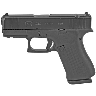 Glock 43x M.O.S. Sub-Compact 9mm, 3.41" Barrel, Glock Marksman Barrel, nDLC Finish, Black, No Finger Grooves, Fixed Sights, Modular Optic System, 10 Rounds, 2 Magazines