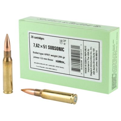 Sellier & Bellot Match, 308WIN, 200 Grain, Boat Tail Hollow Point Subsonic, 20 Round Box SB308SUB