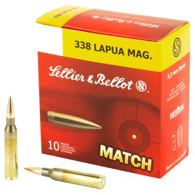 Sellier & Bellot Match, 338 Lapua, 250 Grain, Boat Tail Hollow Point, 10 Round Box SB338LMA