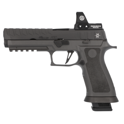 Sig Sauer P320 Max Full Size Frame 9mm Luger 21+1, 5" Black Carbon Steel Barrel, Black Nitron Optic Cut/Serrated Stainless Steel Slide, Gray Stainless Steel Frame w/Beavertail & Picatinny Rail, Gray TXG Polymer Grip, SIG ROMEO3 6 MOA, Max Strike