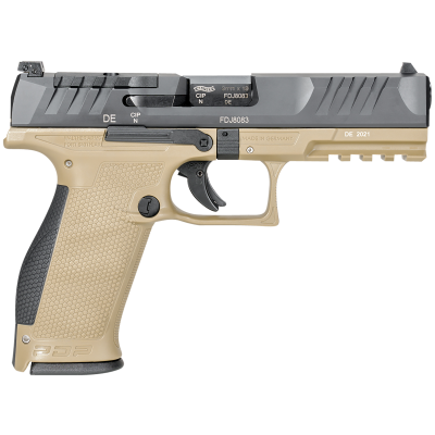 Walther Arms PDP 9mm Luger 18+1 4.50" Black Polygonal Rifled Barrel, Black Optic Ready/Serrated Slide, Tan Polymer Frame w/Picatinny Rail, Black Performance Duty Texture Grips, Ambidextrous 