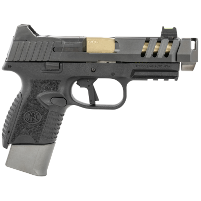 FN 509 CC Edge Compact 9mm Luger 15+1/12+1 4.20" Gold Cerakote Target Crown/Auto Indexing Compensator Barrel, Graphite PVD Serrated/Optic & Lightening Cuts Slide, Matte Black Stippled Polymer Frame w/Picatinny Rail