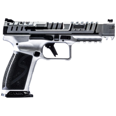 Canik SFx Rival-S Full Size Frame 9mm Luger 18+1, 5" Stainless Steel Barrel, Chrome Optic Ready/Serrated w/Ports Steel Slide, Chrome w/Black Controls Steel Frame w/Picatinny Rail, Ambidextrous