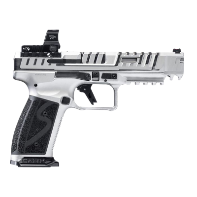 Canik SFx Rival-S Full Size Frame 9mm Luger 18+1, 5" Stainless Steel Barrel, Chrome Optic Ready/Serrated w/Ports Steel Slide, Chrome w/Black Controls Steel Frame w/Picatinny Rail, MeCanik MO2 Red Dot