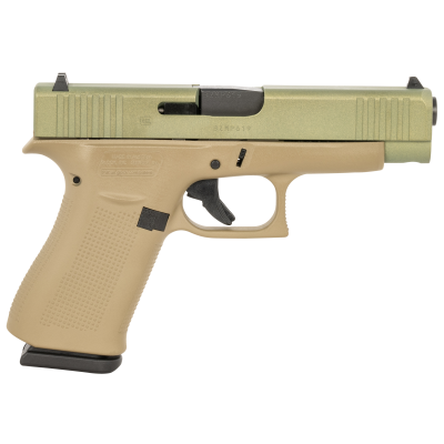 Glock G48 Compact Slim 9mm Luger 10+1 4.17" Black GMB Barrel, Agoge Green Serrated Slide, Coyote Tan Cerakote Polymer Frame w/Beavertail, Coyote Tan Polymer Grip, Right Hand