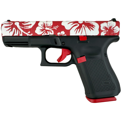 Glock G19 Gen5 MOS 9mm Luger 15+1 4.02" Black GMB Barrel, White w/Red Hibiscus Cerakote MOS Cut/Serrated Steel Slide, Black Cerakote w/Red Accents, Polymer Frame