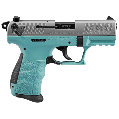 Walther Arms P22 *CA Compliant 22 LR 10+1 3.42" Black Permanent Threaded Capped Barrel, Stainless Steel Serrated Steel Slide, Angel Blue Polymer Frame w/Picatinny Rail, Black Interchangeable Backstrap Grip, Ambidextrous