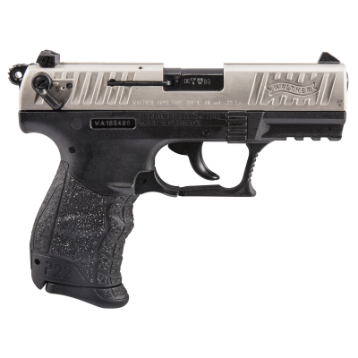 Walther Arms P22 *CA Compliant 22 LR 10+1 3.42" Black Permanent Threaded Capped Barrel, Nickel Serrated Steel Slide, Black Polymer Frame w/Picatinny Rail, Black Interchangeable Backstrap Grip, Ambidextrous