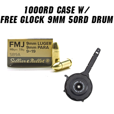 Sellier & Bellot 9mm 115gr FMJ 1000rd Case w/ FREE Glock 9mm 50rd Drum