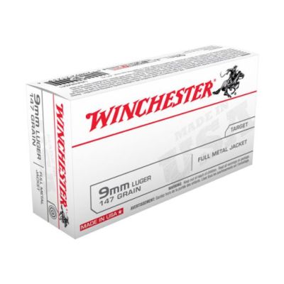 Winchester USA 9mm Luger 147gr FMJ Flat Point 50rd Box