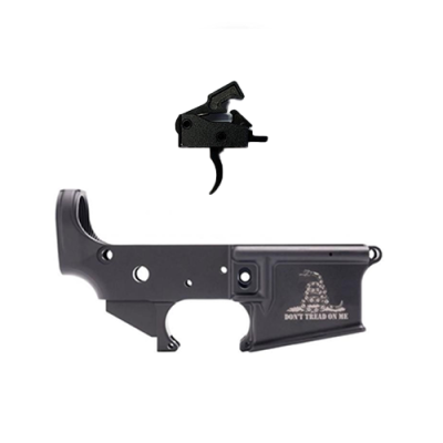 Anderson AM-15 Forged Stripped AR15 Lower Receiver - Black | Don't Tread On Me Logo | Retail Packaging Bundled w- Tactical Superiority Curved Drop-In Trigger
