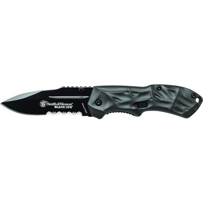 Smith & Wesson Black Ops Mini M.A.G.I.C. Assisted Opening Liner Lock Folding Knife, Ergonomic Rippled & Smooth Grey Aluminum Handle with Safety Lock