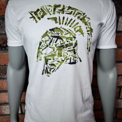 Tactical Shit "Tactical Spartan Helmet"-White T-Shirt-Woodland Camo Decal