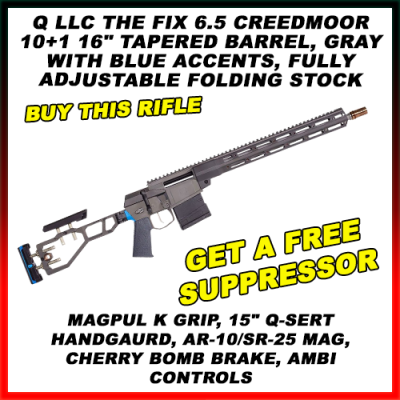 Q LLC The Fix 6.5 Creedmoor 10+1 16" Tapered Barrel, Gray with Blue Accents, Fully Adjustable Folding Stock, Magpul K Grip, 15" Q-Sert Handgaurd, AR-10/SR-25 Mag, Cherry Bomb Brake, Ambi Controls