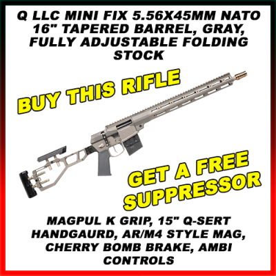 Q LLC Mini Fix 5.56x45mm NATO 16" Tapered Barrel, Gray, Fully Adjustable Folding Stock, Magpul K Grip, 15" Q-Sert Handgaurd, AR/M4 Style Mag, Cherry Bomb Brake, Ambi Controls